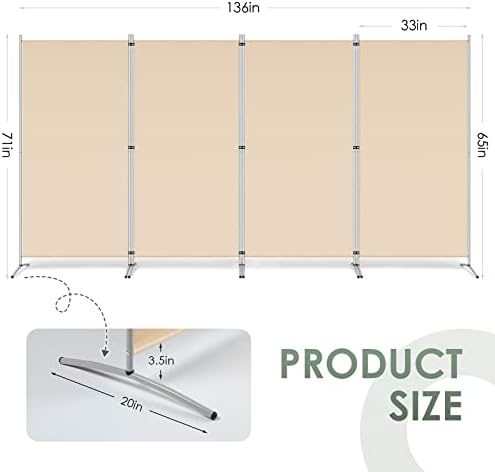 RANTILA 4 Panel Room Divider, 6 Ft Tall Folding Privacy Screen Room Dividers, Freestanding Room Partition Wall Dividers, 136''W x 20''D x 71''H, Beige - Image 2