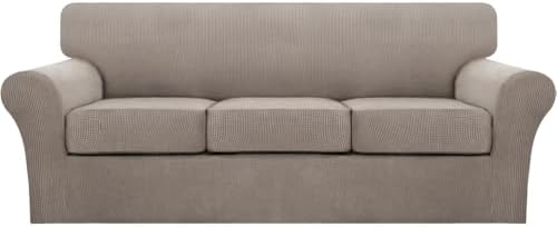 Turquoize 4 Piece Sofa Covers for 3 Cushion Couch Sofa Slipcover Soft Couch Cover for Dogs Washable Furniture Cover with 3 Individual Large Cushion Covers Feature Fabric (Large Sofa, Taupe) by Turquoize