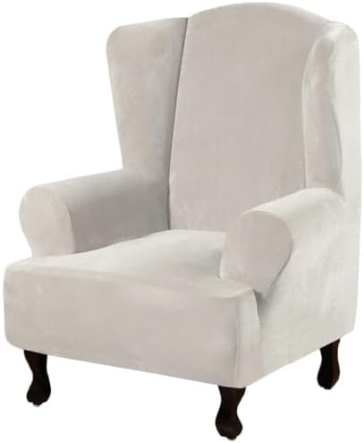 H.VERSAILTEX Wingback Chair Covers Velvet Plush Wing Chair Slipcover 1 Piece High Stretch Wing Back Chair Slipcovers Sofa Cover Furniture Cover with Elastic Bottom, Oatmeal by HVERSAILTEX