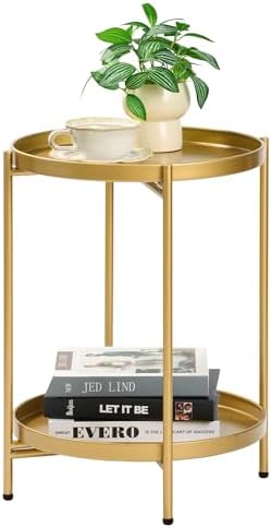 2-Tier Round End Side Table, Small Metal Side Table with Removable Tray, Folding Accent Tables for Living Room, Balcony, Nightstand for Bedroom, Outdoor Tables for Patio, Gold by MordchilHF
