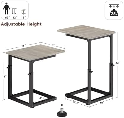Vagusicc C-Shaped End Table, 33" Tall C Table Adjustable Height Side Table, Small Couch Table with Metal Frame, Slide Under Sofa TV Tray for Living Room, Bedroom, Bedside, Small Spaces, Gray - Image 3