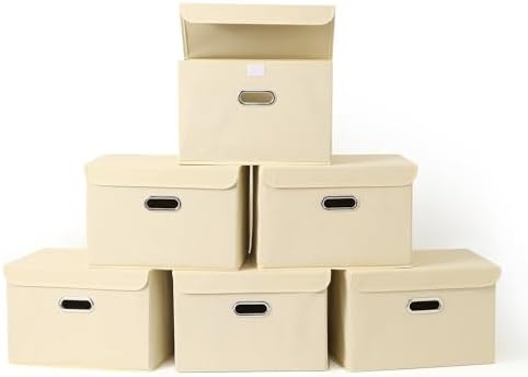 Fabric Foldable Collapsible Storage Cube Bin Organizer Basket with Lid, Handles, Removable Divider for Home, Closet (Creamy-White, 6Pcs) by SEVENDOME