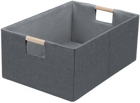 Foldable Fabric Storage Cubes, Cloth Storage Baskets with Wooden Handles, Shelf Closet Organizer Bins, Rectangular Linen Storage Boxes for Decor, 16.5 x 12.2 x 6.7 Inches by Welcometobuy