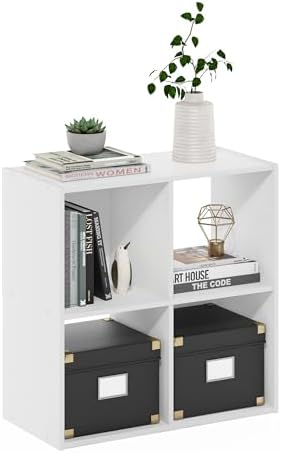 Furinno PELLI Book Shelf, 4-Cube Bookshelf with Open & Closed Back Cubes, 2 x 2 Storage Organizer Cabinet, 11.6 x 24.2 x 24.2, for Living Room, Bedroom, Home Office, White by Furinno-FitsYourSpaceFitsYourBudget