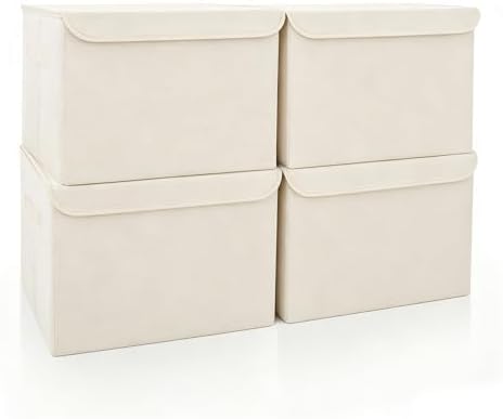 Bagnizer Large 22 Quart [4-Pack] Linen Fabric Foldable Storage Bin Cube Organizer Basket with Flip-Top Lid & Handles, Clothes Blanket Box for Home, Office, Closet (14.6 x 9.5 x 9.5, Beige) by Bagnizer
