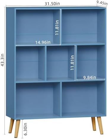 YAHARBO 7 Cube Bookshelf, Blue Kids Book Shelf with Cubby Storage,Wooden Modern Bookcase with Legs,3 Tier Freestanding Display Book Case,Children Toy Organizer,Bookshelves for Office,Nursery,Playroom - Image 3