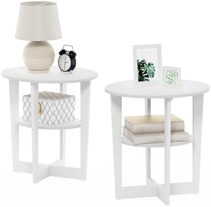 Furinno Jaya 2-Tier Round Side Table Set of 2, Open Shelf, White by Furinno-FitsYourSpaceFitsYourBudget