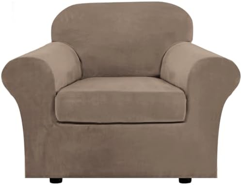 H.VERSAILTEX Rich Velvet Stretch 2 Piece Cover Chair Slipcover Sofa Cover Furniture Protector Couch Soft with Elastic Bottom Chair Couch Cover Width Up to 49 Inch (Chair, Mocha) by HVERSAILTEX