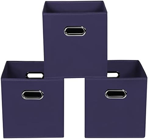 Navy Blue Fabric Storage Bins, Set of 3, 11x11x11, Foldable Cube Bins for Cloth or Accessory Storage by Yunkeeper