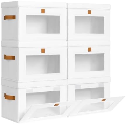 DIMJ Storage Bins with Lids - 6 Pack Front Opening Stackable Fabric Storage Boxes with Clear Window & Handles, Collapsible Closet Organizers for Clothes, Sweaters, Shelf Storage, Bedroom, White by DiMJ