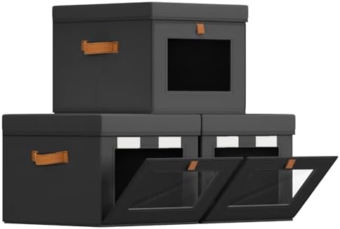 Homsorout Storage Bins with Lid – Closet Organizer with Side Opening and Clear Window, Foldable Stackable Fabric Basket for Clothes, Home, Office - 13.77" x 11.8" x 9.8", 3 Pack, Black by Homsorout