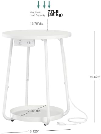 sthmec Small Round Side End Table with Storage and Charging Station, 2 Tier Round Bedside Sofa Couch Coffee Tables with Tray, Metal Nightstand for Small Spaces, Living Room Bedroom, White - Image 3