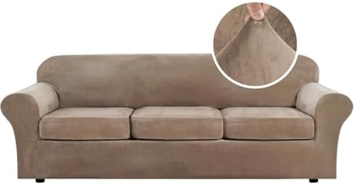 H.VERSAILTEX High Stretch Sofa Slipcover 4 Piece Cover Velvet Furniture Protector Form Fit Thick Velvet Extra Large Sofa Cover for 3 Cushion Couch Width Up to 97 Inch (Large Sofa, Camel) by HVERSAILTEX