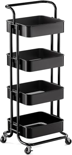 Pipishell Metal 4 Tier Rolling Cart with Handle & 2 Lockable Wheels, Black by Pipishell