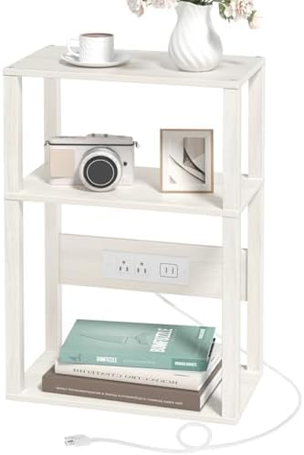 YUFAM 3-Tier Narrow Bedside Table with Charging Station, Skinny Nightstand by YUFAM