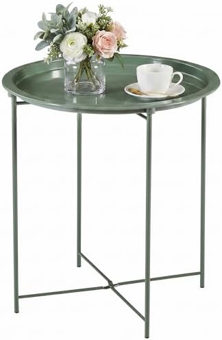 VECELO Side/End Table, Folding Round Metal Anti-Rust and Waterproof Outdoor or Indoor Tray for Living Room Bedroom Balcony and Office, 1 PCS, Dark Green by VECELO