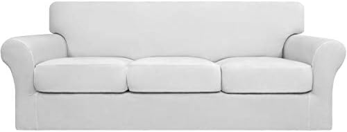 Easy-Going 4 Pieces Stretch Soft Couch Cover for Dogs - Washable Sofa Slipcover for 3 Separate Cushion Couch - Elastic Furniture Protector for Pets, Kids (Sofa, Snow White, Large) by Easy-Going