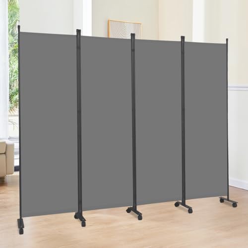 Room Divider 6FT 4 Panel Folding Privacy Screen with Lockable Wheels,Grey by JVVMNJLK
