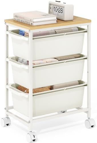 KINGBOARD Slim Rolling Cart with 3 Drawers, Metal Utility Storage Cart | Wooden Tabletop, Lockable Wheels, Under Desk Trolley for Bedroom, Children's Room and Office Organization, White by KINGBOARD