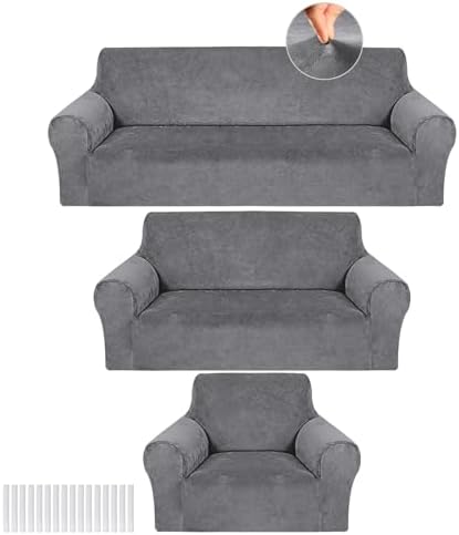Peryiter 3 Pcs Couch and Loveseat Sofa Covers,Light Gray,Velvet by Peryiter