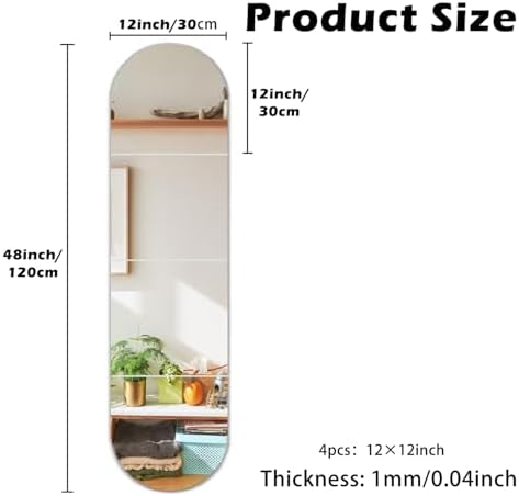 Mirrors Wall Full Length, 12x12in 4pcs Kids Acrylic Mirror Stickers, Full Body Length Mirrors for Walls, Wall-Mounted Stick On Frameless for Mirror, Mirror Stickers for Makeup Workout Gym Hallway Dorm - Image 2