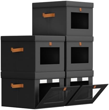 Homsorout Storage Bins with Lid – Closet Organizer with Side Opening and Clear Window, Foldable Stackable Fabric Basket for Clothes, Home, Office - 13.77" x 11.8" x 9.8", 5 Pack, Black by Homsorout