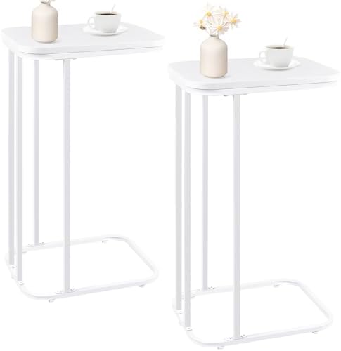 KJGKK C Shaped End Table Set of 2, Small Side Table for Sofa and Bed, Couch Tables That Slide Under, Tall Tv Tray Table for Living Room, Bedroom, Snow White by KJGKKHOME