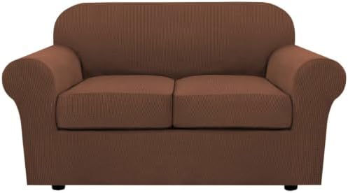 H.VERSAILTEX 3 Piece Stretch Sofa Covers for 2 Cushion Loveseat Couch Covers for Living Room Furniture Cover (Base Cover Plus 2 Seat Cushion Covers) Thicker Jacquard Fabric(Medium Sofa, Caramel) by HVERSAILTEX