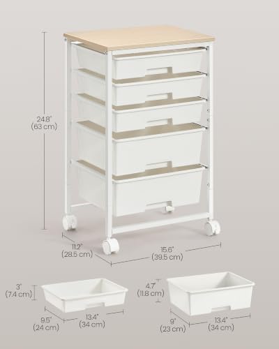 VASAGLE Rolling Cart with Drawers,5 Drawers Storage Cart, White - Image 3