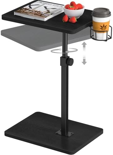 Giikin Side Table, 360 Swivel & Height Adjustable TV Trays for Eating on Couch, Sofa Armrest TV Tray Table with Cup Holder for Small Spaces, C-Shaped, Black, 11.8" D x 15.8" W x 31" H by Giikin
