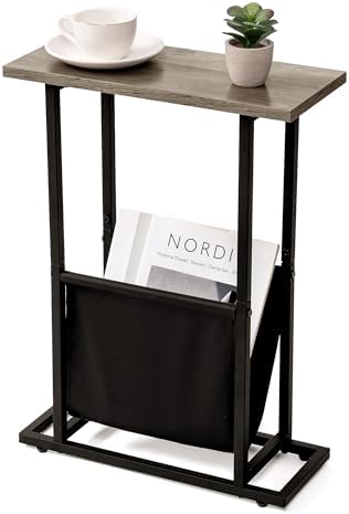 Acovy Narrow Side Table for Small Place,Metal Table with PU Leather Bag,Slim Nightstand for Reading Or Storage,Sofa Side Table for Living Room,Bedroom,Gery by Acovy