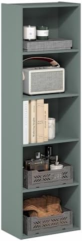 Furinno LUDER Book Shelf, 5-Tier Bookshelf, Bookcase with Open Shelves, 9.4 x 15.8 x 52, Easy Assembly, for Living Room, Bedroom, Home Office, Sage Green by Furinno-FitsYourSpaceFitsYourBudget