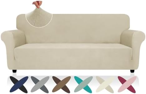 ZNSAYOTX Super Stretch Couch Cover (72"-92"), New Striped Sofa Covers Fitted Slipcovers with Elastic Bottom, Dog Cat Pets Proof Spandex Fabric Comfortable & Durable (Khaki, Sofa) by ZNSAYOTX