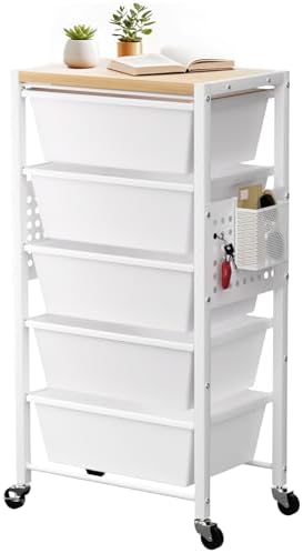 Rolling Cart with 5 Drawers, Plastic Drawer Storage Carts with Wheels & Wooden Tabletop, Metal Utility Cart with Pegboards, Office Living Room Classroom Craft Organization and Storage, Bright White by TimeForest
