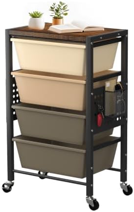 Rolling Cart with 4 Drawers, Plastic Drawer Storage Carts with Wheels & Wooden Tabletop, Metal Utility Cart with Pegboards, Office Living Room Classroom Craft Organization and Storage, Dark Brown by TimeForest