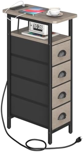sthmec Side Table with Charging Station, Narrow End Table with 4 Drawers, Small Nightstands with Fabric Drawers,Slim Sofa Couch Side Tables for Small Spaces,Living Room,Bedroom, Grey by Unknown