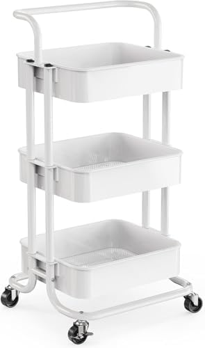 Pipishell 3 Tier Rolling Cart, Utility Cart with Wheels & Handle, White by Pipishell
