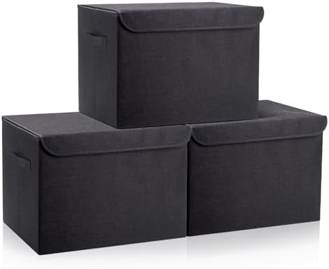 Bagnizer Large 17" 42 Quarts Collapsible Stackable Storage Bins with Lids [3-Pack] Foldable Fabric Linen Storage Boxes Cube, Closet Organizer Baskets with Label (16.7 x 12 x 12, Black) by Bagnizer