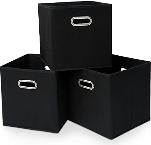 Black Fabric Cubby Storage Bins，13x13x13 Inches ，Cube Organizer Bin Foldable Storage Boxes with Dual Handles Fabric Organizer Box and collapsible Storage basket，Set of 3 ，Black by Yunkeeper