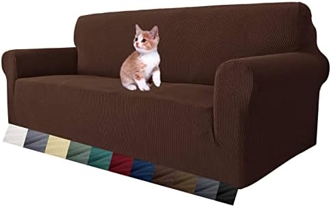MAXIJIN Super Stretch Couch Cover for 3 Cushion Couch, 1-Piece Universal Sofa Covers Living Room Jacquard Spandex Furniture Protector Dogs Pet Friendly Fitted (Large, Coffee) by MAXIJIN