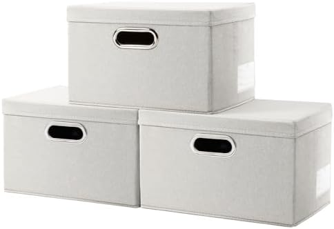 PRANDOM Storage Bins with Lids [3-Pack] Linen Fabric Foldable Storage Boxes Organizer Containers Baskets Cube with Cover for Bedroom Closet Office Beige（11.4X8.6X6.7 by Prandom