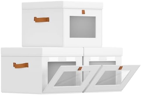 Homsorout Storage Bins with Lid – Closet Organizer with Side Opening and Clear Window, Foldable Stackable Fabric Basket for Clothes, Home, Office - 13.77" x 11.8" x 9.8", 3 Pack, White by Homsorout