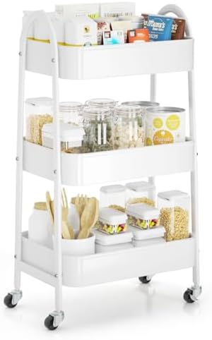 EAGMAK 3 Tier Rolling Cart Under Desk, Large Metal Storage Cart with Handle and Lockable Wheels, Big Multifunctional Storage Organizer Trolley for Kitchen, Living Room, Office, Garage (White) by EAGMAK