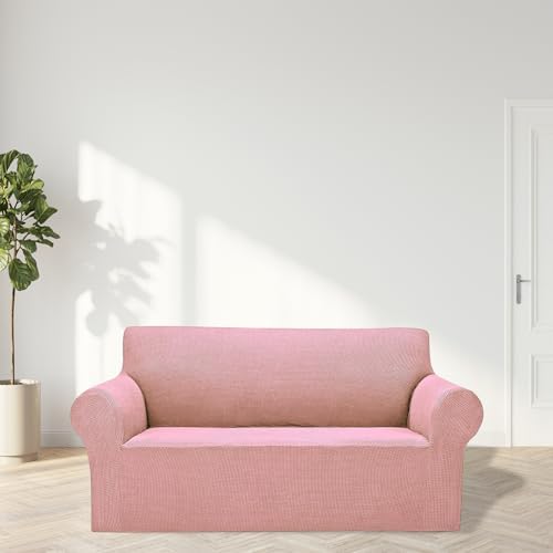 Cupuamon 2026 New Stretch Loveseat Sofa Slipcovers Couch Cover for 2 Cushion Furniture Protector Sofa Covers with Elastic Bottom Jacquard Fabric Small Checks for Pets, Kids - Dusty Pink - Image 3