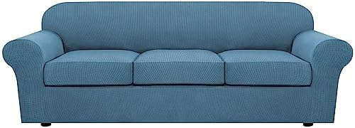 H.VERSAILTEX 4 Piece Stretch Sofa Covers for 3 Cushion Couch Covers for Living Room Furniture Slipcovers (Base Cover Plus 3 Seat Cushion Covers) Upgraded Thicker Jacquard Fabric (XL Sofa, Dusty Blue) by HVERSAILTEX