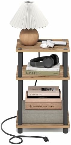 Furinno Just 3-Tier Night Stand with Charging Station, Brown Oak - Image 5