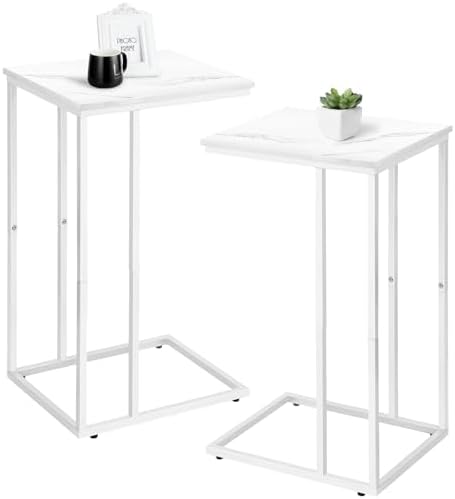 Possile C Shaped End Table Set of 2 for Sofa and Bed, Slide Under Couch Tables, Side Table With Faux Marble Top, Small Under Table Tray for Living Room, Bedroom, White by Possile