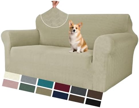 MAXIJIN Loveseat Cover Sofa Covers (55"-69"), 1-Piece Stretch Couch Covers for 2 Cushion Couch Love Seat Slipcover with Elastic Bottom for Kids,Dog (Loveseat, Diamond Pattern Khaki) by MAXIJIN