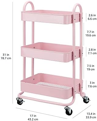 Amazon Basics 3-Tier Rolling Utility or Kitchen Cart, Lockable Wheels, Multifunctional Storage, Metal Storage Organizer, Portable, Dusty Pink - Image 5