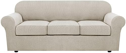 H.VERSAILTEX 4 Piece Stretch Sofa Covers for 3 Cushion Couch Covers for Living Room Furniture Slipcovers (Base Cover Plus 3 Seat Cushion Covers) Upgraded Thicker Jacquard Fabric (Sofa, Island Fossi) by HVERSAILTEX